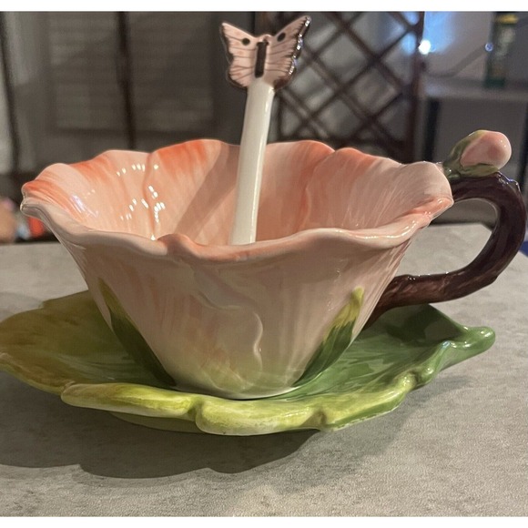Flower Teacup, Leaf Saucer & Butterfly Spoon 3-Pc Set by Corner Ruby - Picture 4 of 16